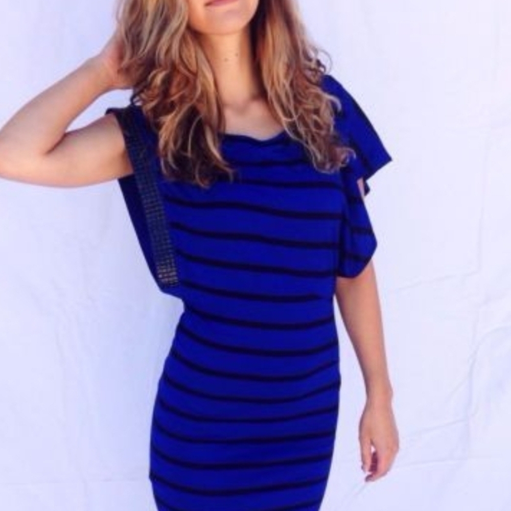 MNG By Mango Women’s Blue And Black One Shoulder Rhinestone Accents Mini Dress L